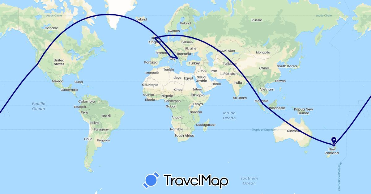 TravelMap itinerary: driving in United Kingdom, Croatia, Italy, Netherlands, New Zealand, Singapore, United States (Asia, Europe, North America, Oceania)